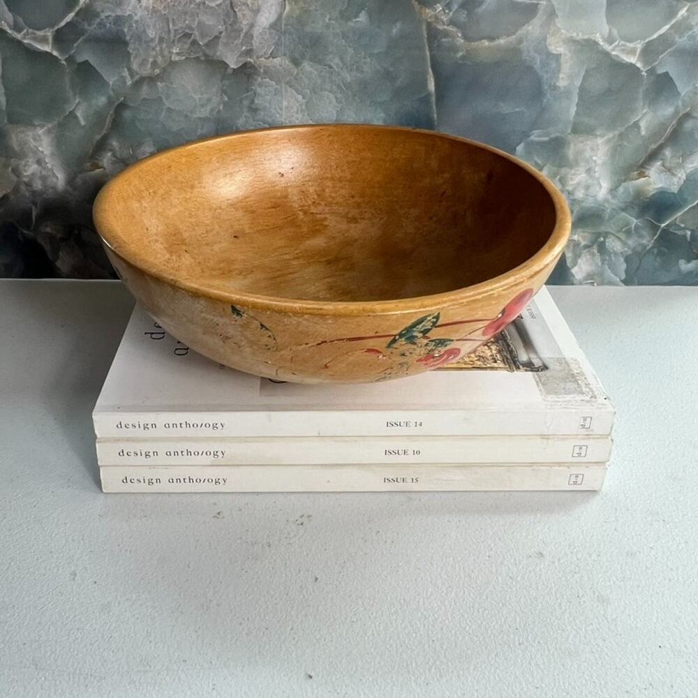 Vintage Hand Painted Wooden Dough Bowl Cherry Motif Japan Hand Turned 9 3/4"